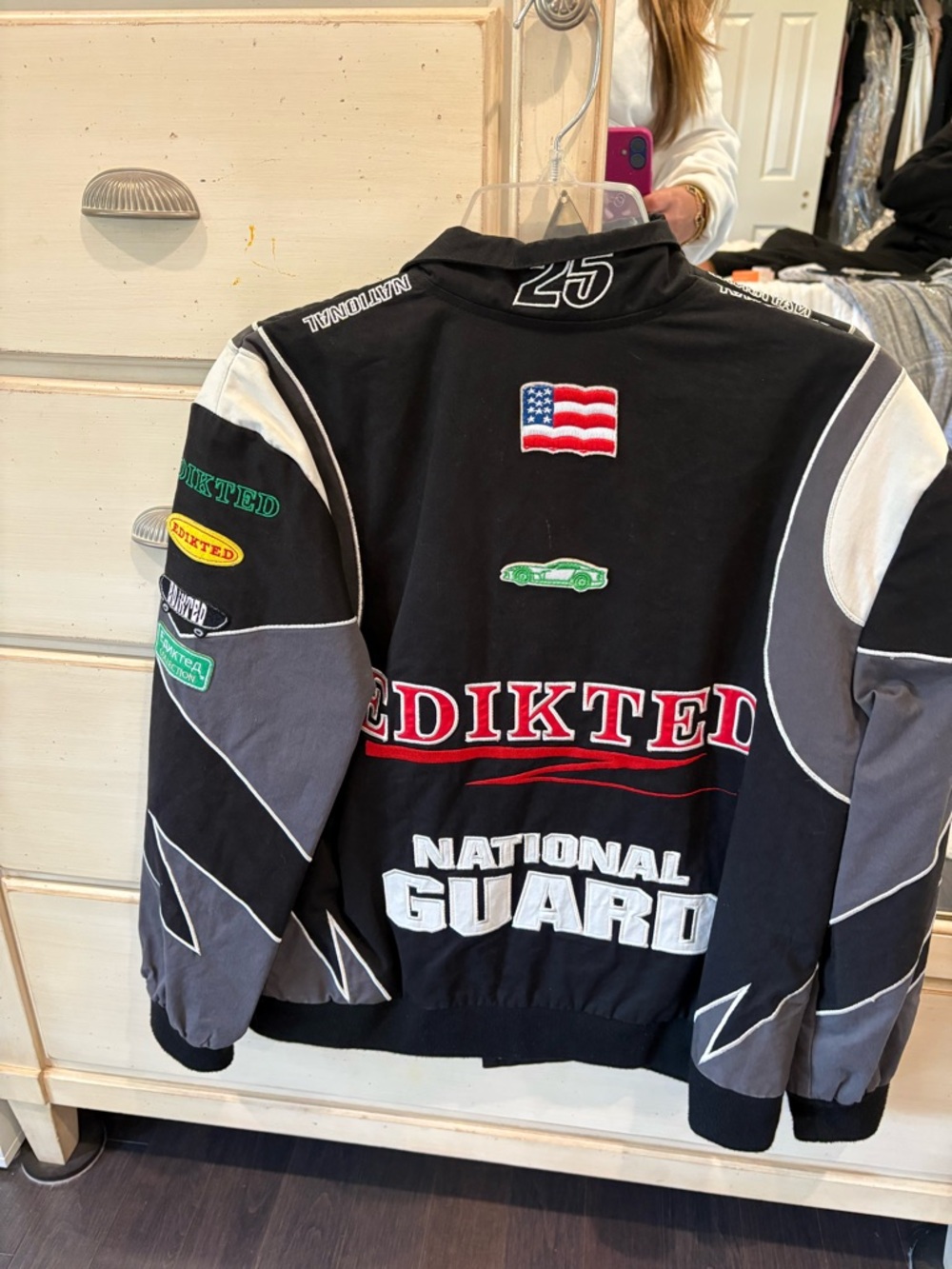 Edikted Black and White National Guard Racing Bomber Jacket